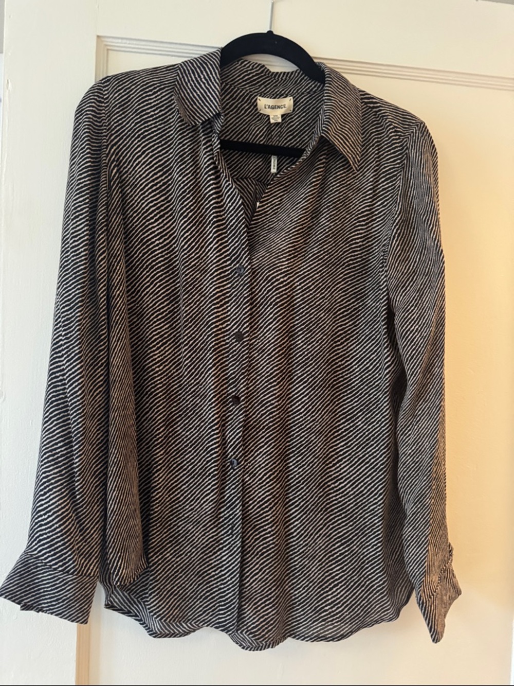 L’Agence Black   and White Striped Button-Up Silk Shirt